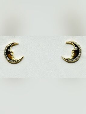 Crescent Moon Face Stud Earrings -18K Gold with Clear Stones